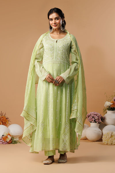 Apple Green Mal Chanderi Chikankari Kurta with Mukaish Work & Dupatta